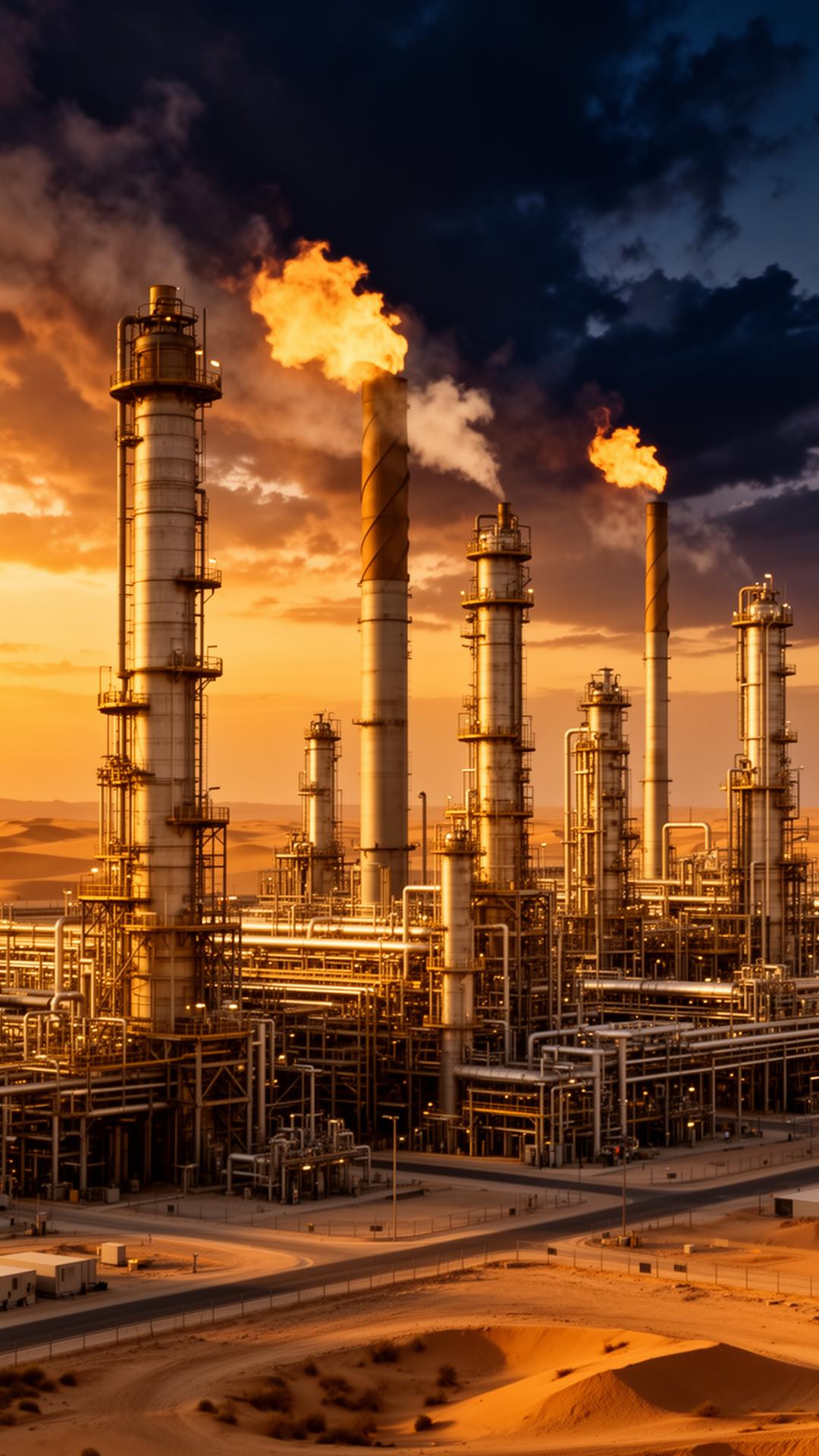 Saudi oil and gas refinery at golden hour